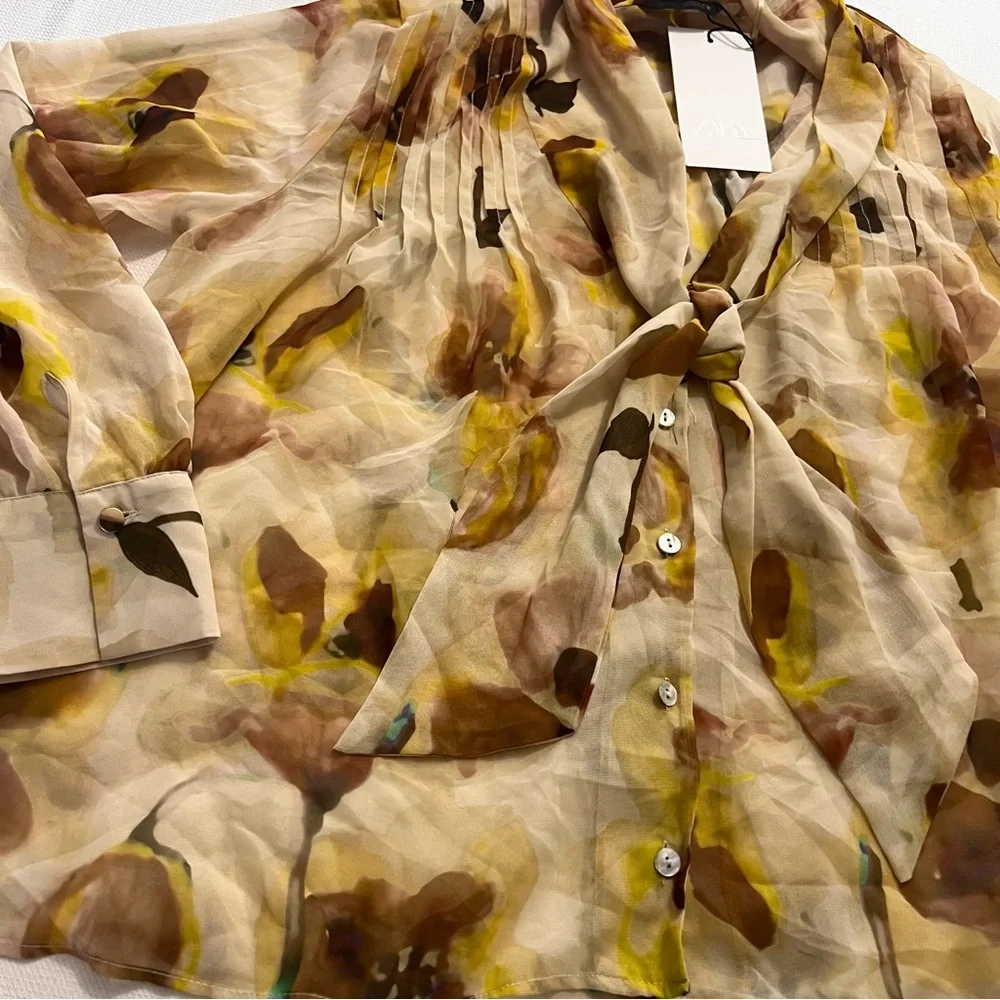 ZARA Scarf Detail Floral Print Oversized Shirt | Ecru/Yellow - Picture 11 of 14